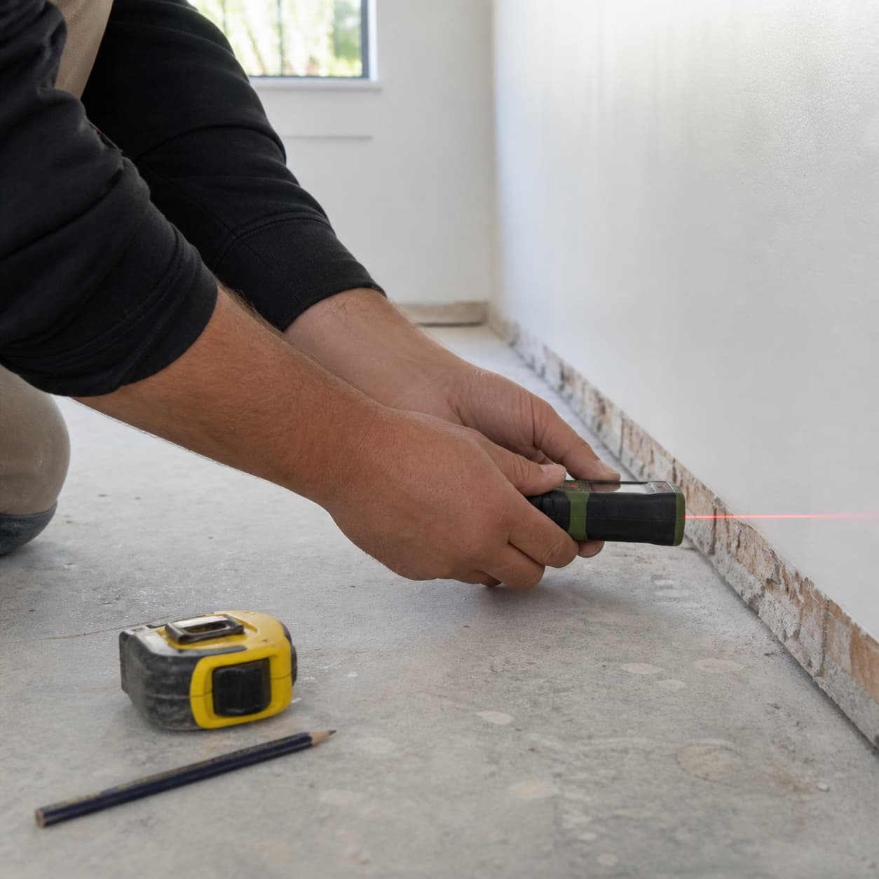 A flooring installer measuring a room with a laser measure
